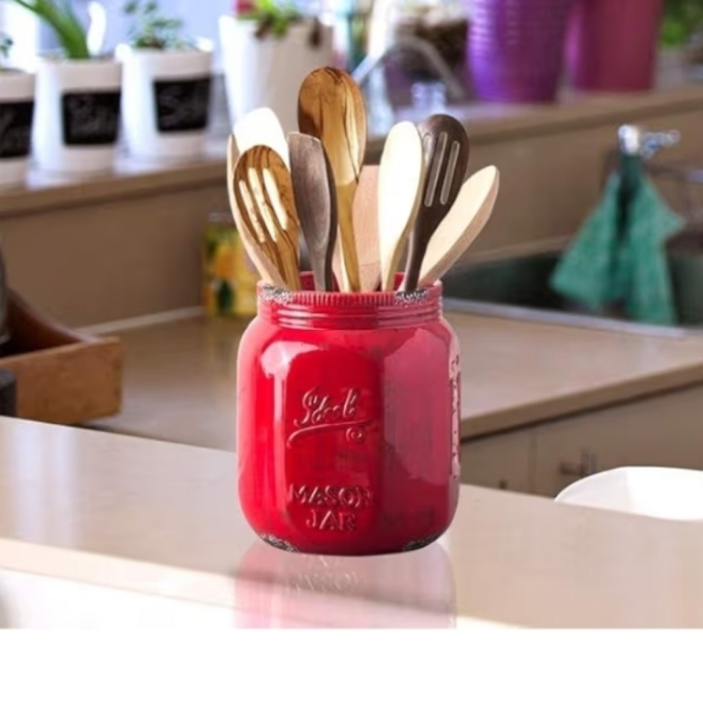 Home Essentials Red Ceramic Mason Jar Utensil Caddy Out Stak This Color